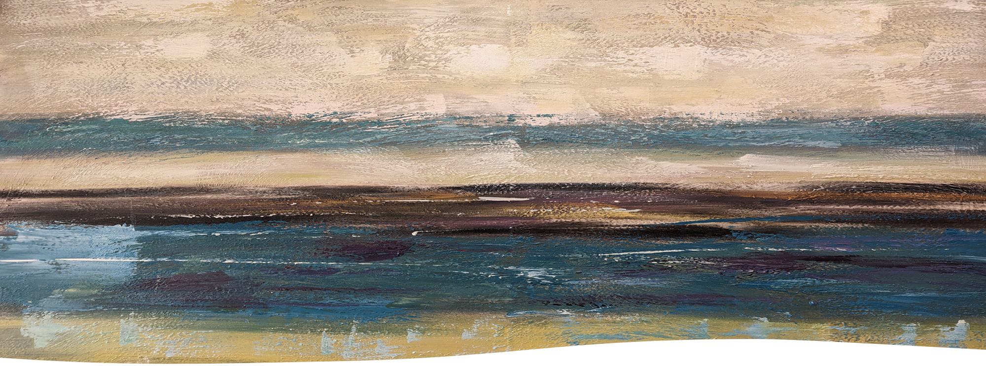 Background image for home page. Painting of multiple horizontal but not even lines of colors. Could be view of a horizon over a beach and ocean.