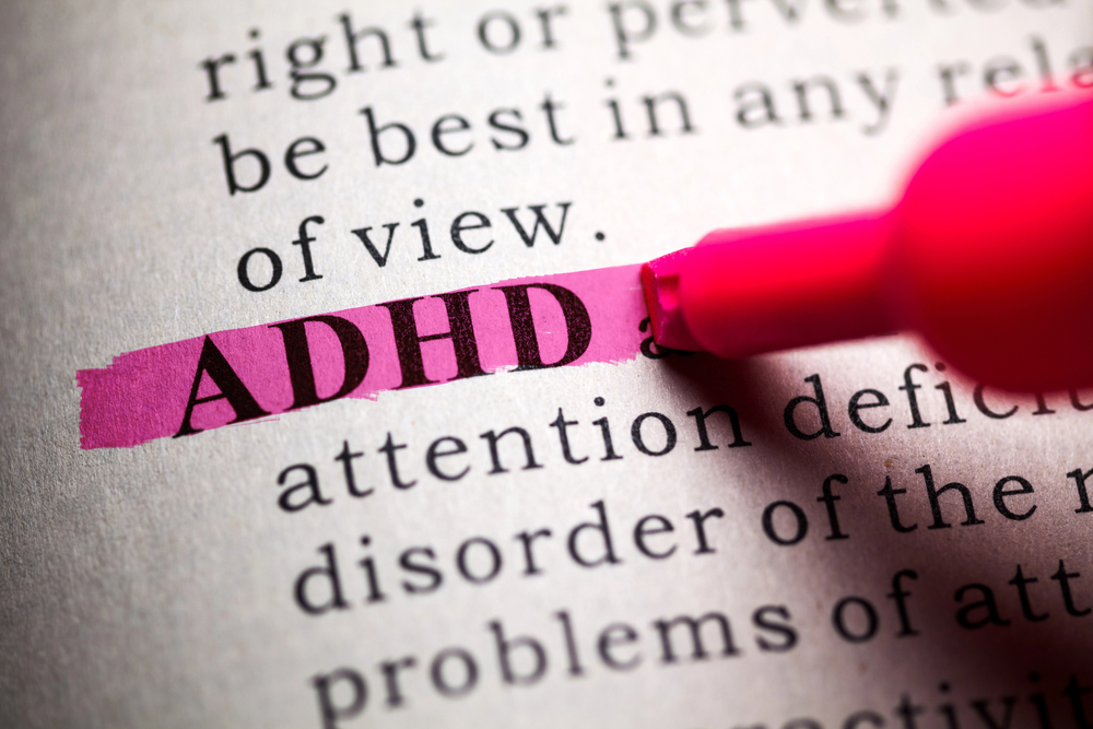 Words on a page with ADHD highlighted. Services for ADHD Testing and Therapy