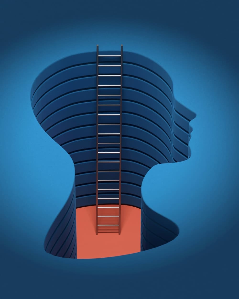A stylized 3D profile of a human head, revealing a multi-layered, deep interior space structured like a spiral staircase, with a narrow ladder descending into the blue-walled cavity, which has a distinct red floor. This image visualizes the structured nature of growth and the depth of development in children with ADHD.