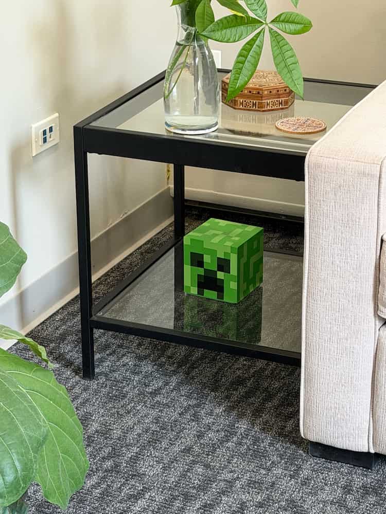 Minecraft Creeper figure on glass side table in Dr. Paul Losoff's therapy office at Bedrock Psychology Group, Northbrook IL